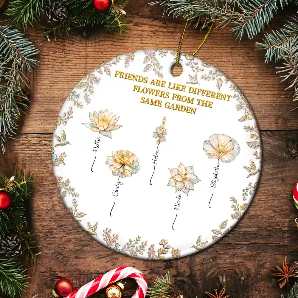 Grow An Old Friend Birth Flower Nacre Effect - Personalized Circle Ceramic Ornament - Image 5