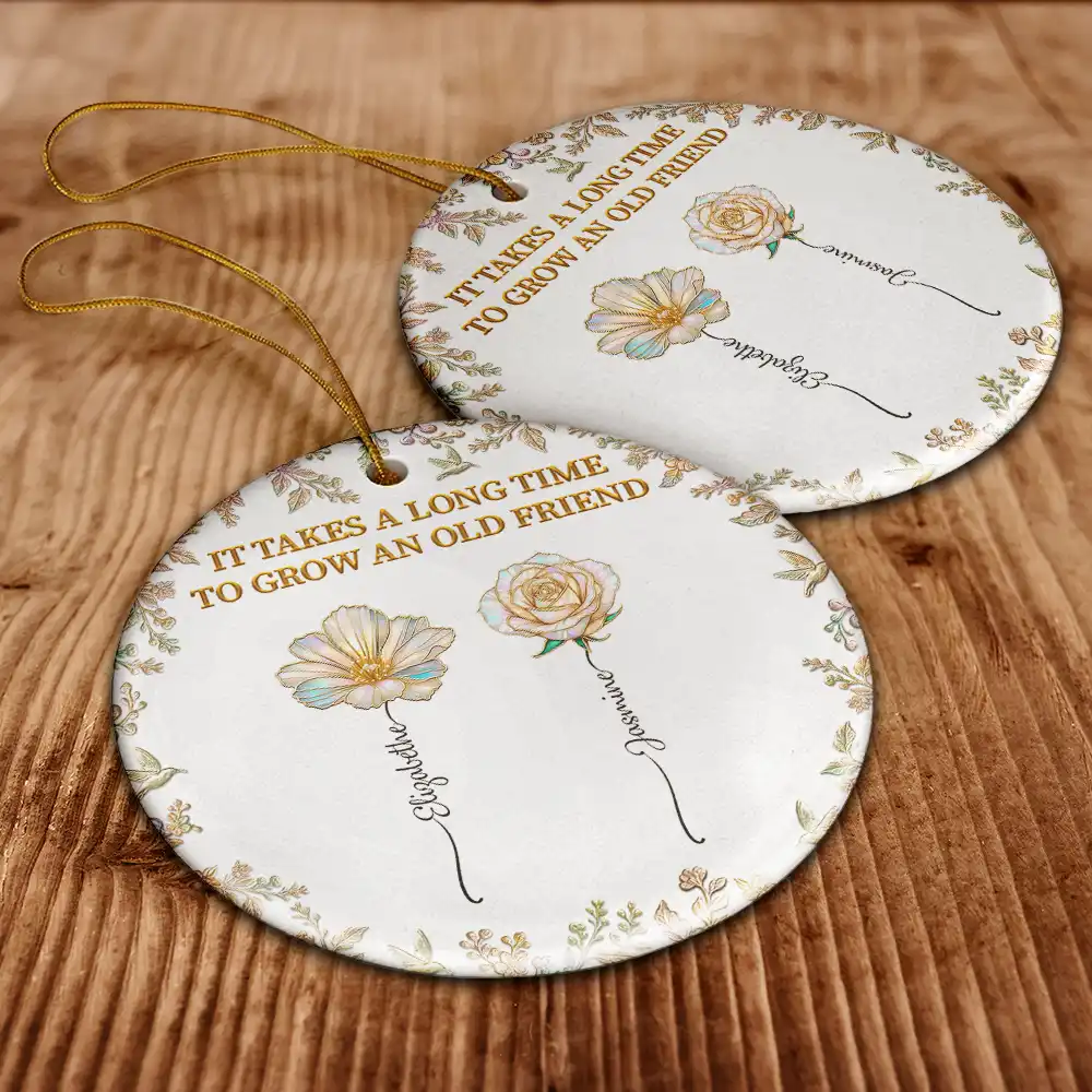 Grow An Old Friend Birth Flower Nacre Effect - Personalized Circle Ceramic Ornament - Image 6