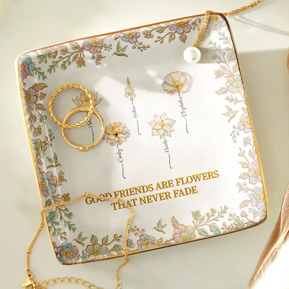 Grow An Old Friend Birth Flower Nacre Effect - Personalized Ring Dish - Image 4