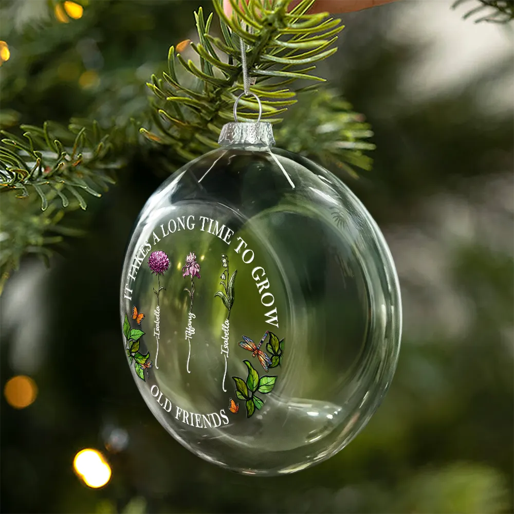 Grow An Old Friend Birth Flower - Personalized Clear Flat Ball Ornament - Image 2