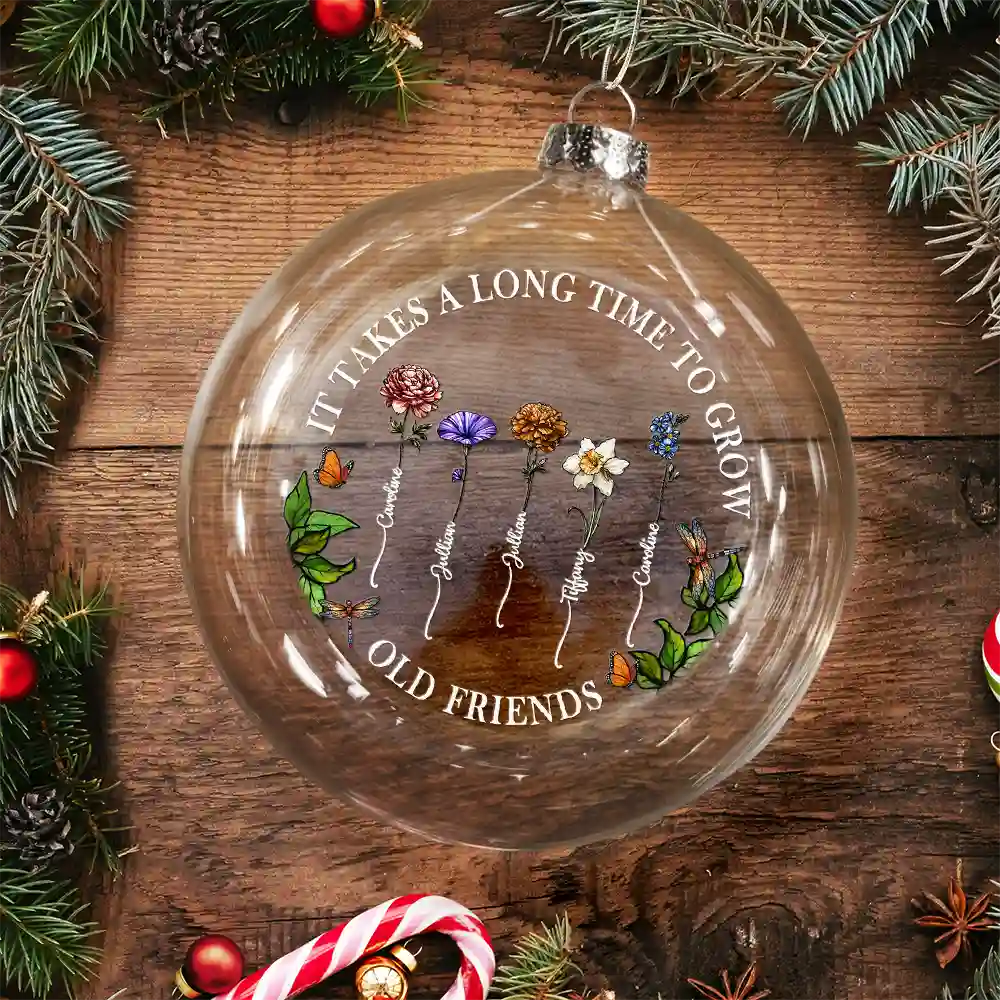 Grow An Old Friend Birth Flower - Personalized Clear Flat Ball Ornament - Image 3