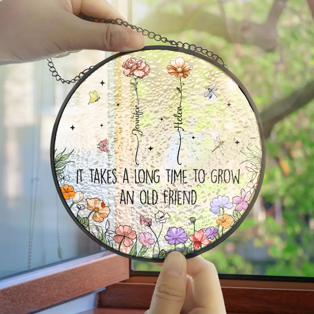 Grow An Old Friend Birth Flower - Personalized Stained Glass Window Hanging Suncatcher - Image 4