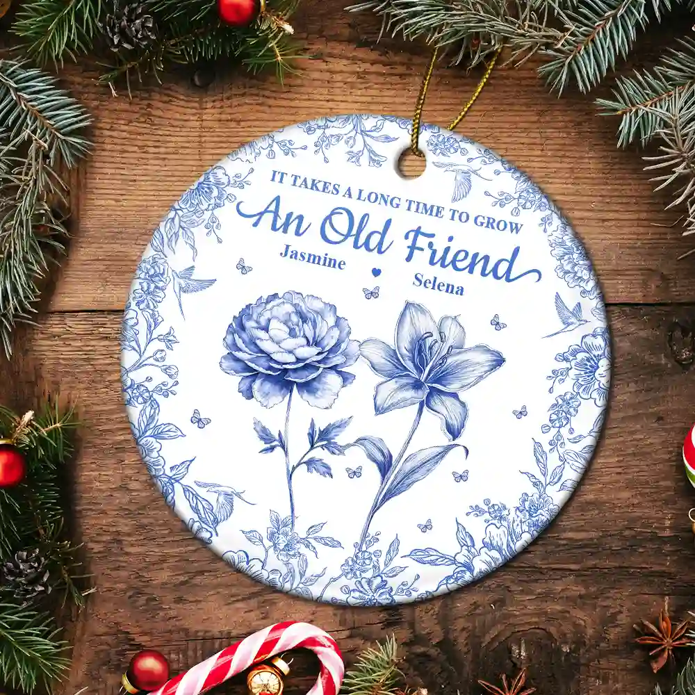 Grow An Old Friend Toile Birth Flower - Personalized Circle Ceramic Ornament - Image 5