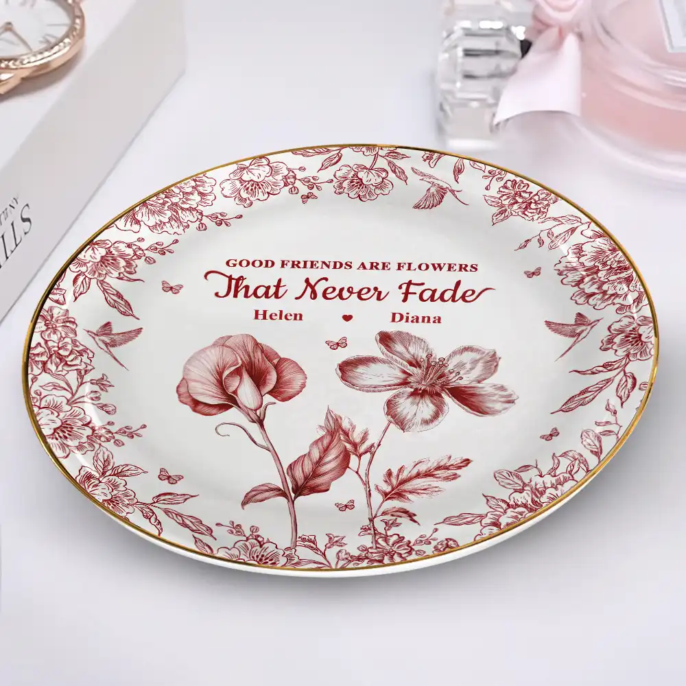 Grow An Old Friend Toile Birth Flower - Personalized Round Ring Dish - Image 2