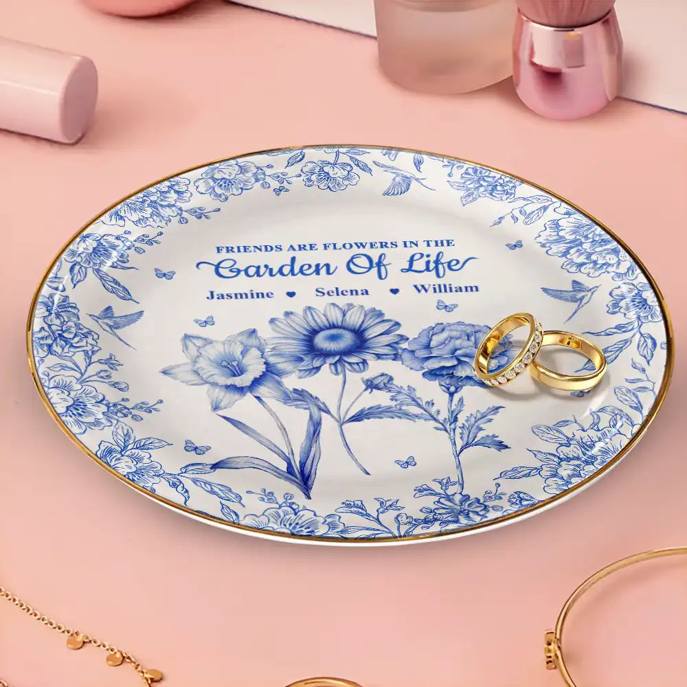 Grow An Old Friend Toile Birth Flower - Personalized Round Ring Dish - Image 3