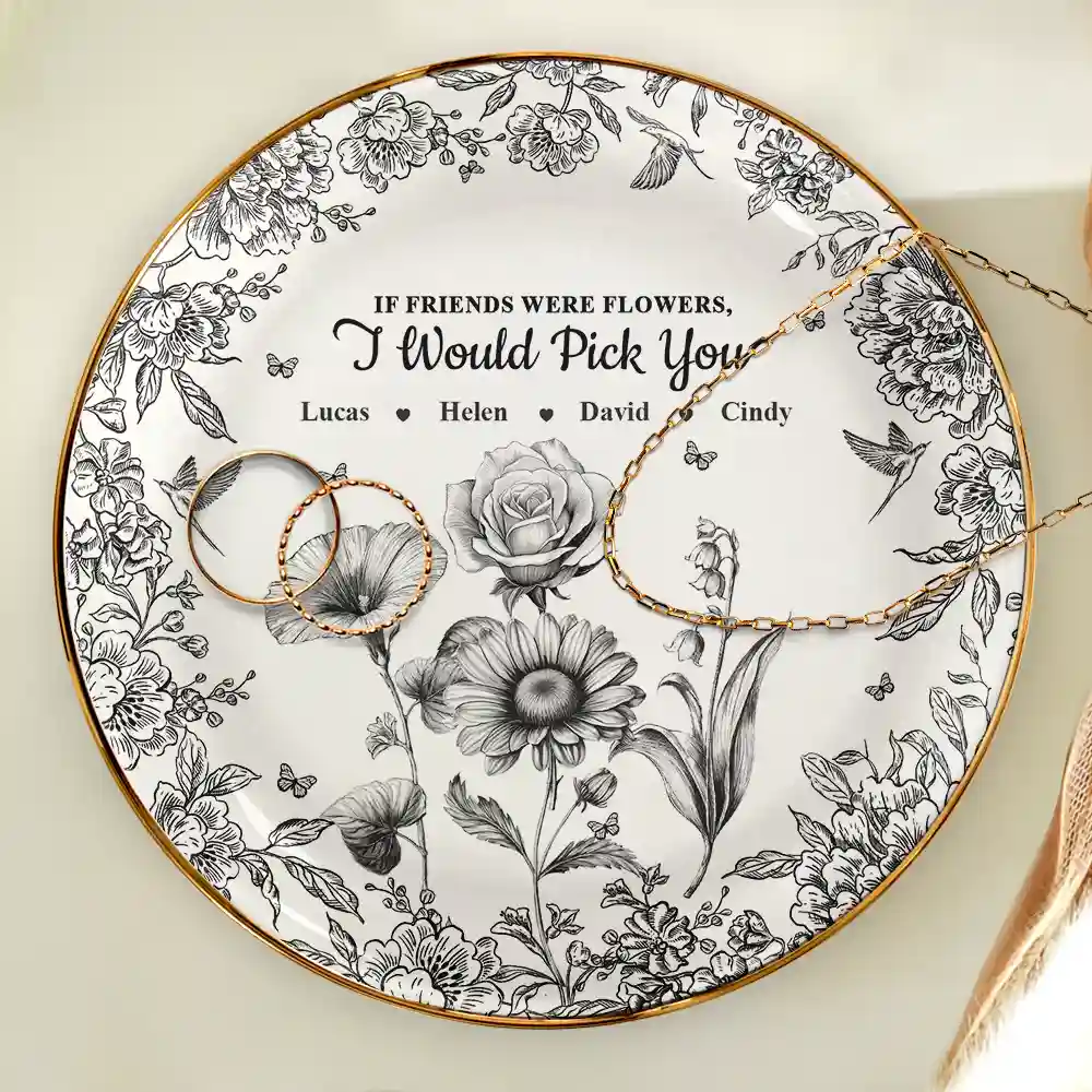 Grow An Old Friend Toile Birth Flower - Personalized Round Ring Dish - Image 4