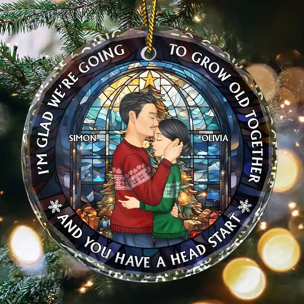 Growing Old Together Side View Couple - Personalized Circle Glass Ornament