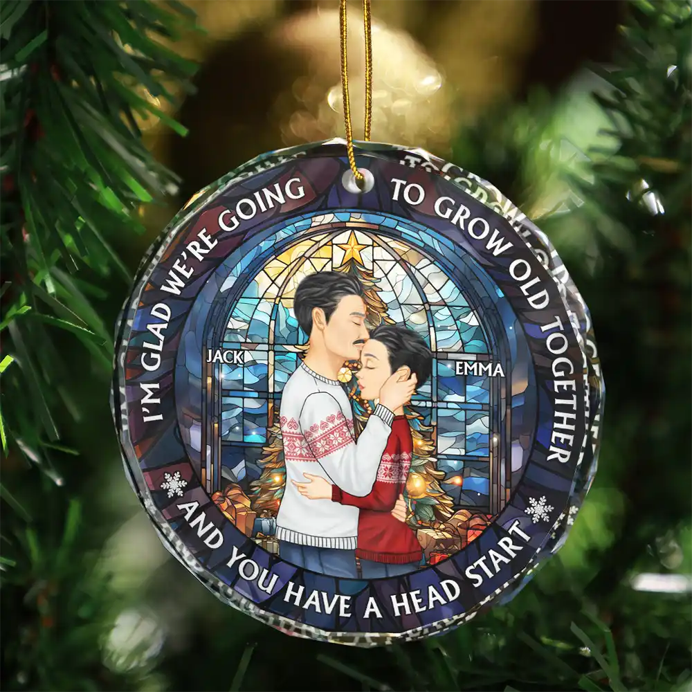 Growing Old Together Side View Couple - Personalized Circle Glass Ornament - Image 3