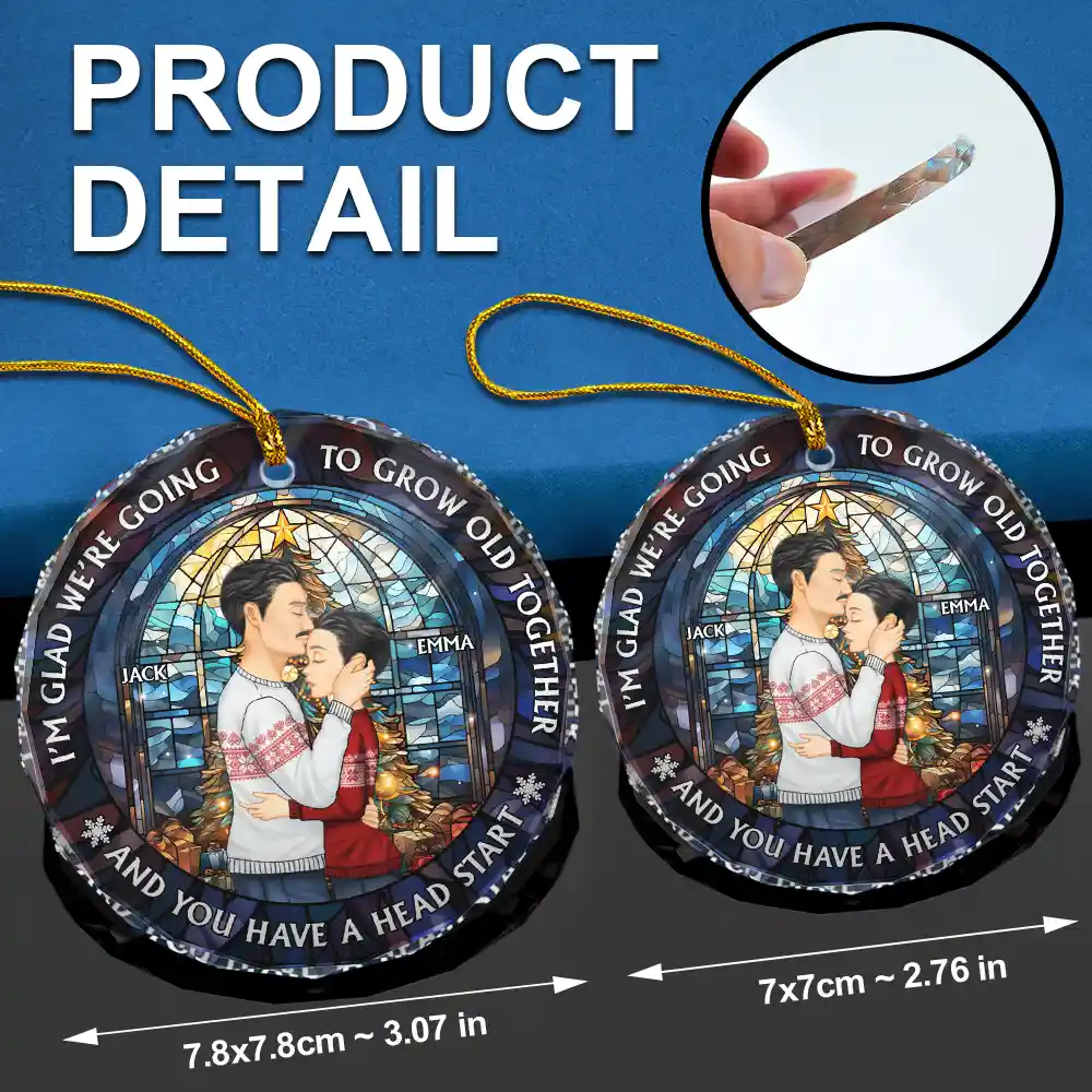 Growing Old Together Side View Couple - Personalized Circle Glass Ornament - Image 6