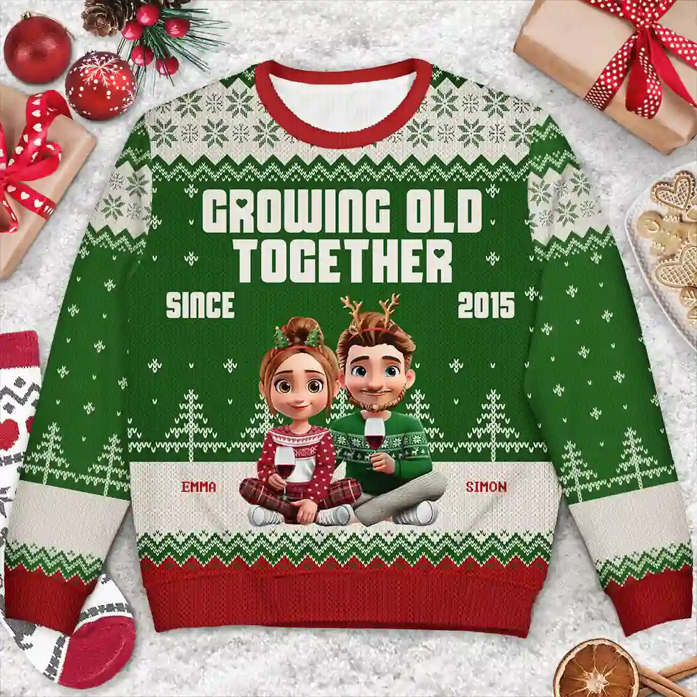 Growing Old Together Since 3D Couple - Personalized Unisex Ugly Sweater - Image 3