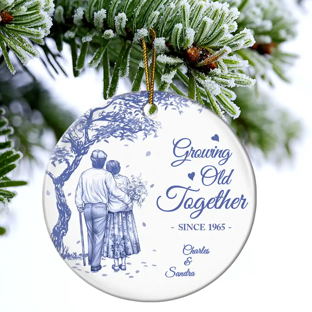 Growing Old Together Since Old Couple Toile - Personalized Circle Ceramic Ornament - Image 4