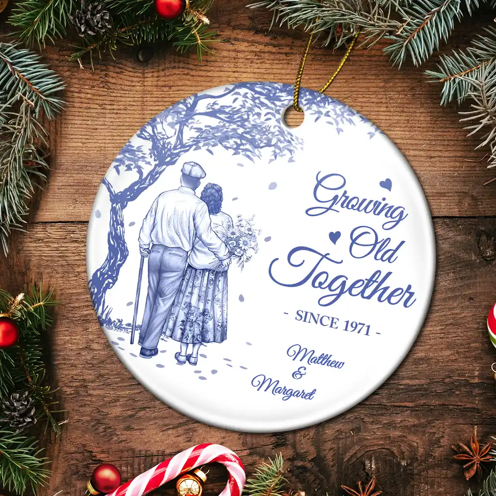Growing Old Together Since Old Couple Toile - Personalized Circle Ceramic Ornament - Image 5
