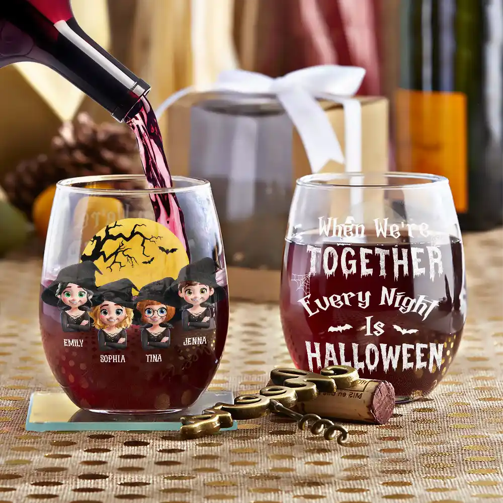 Halloween Besties Sugar & Spice - Personalized Stemless Wine Glass - Image 3