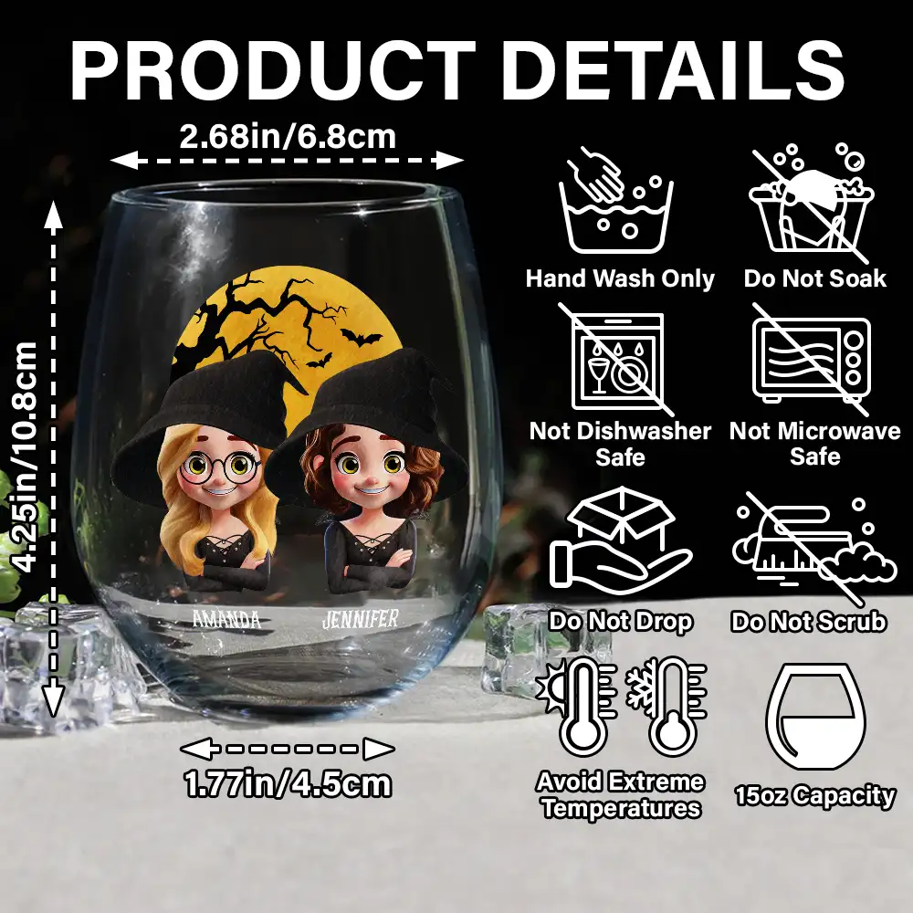 Halloween Besties Sugar & Spice - Personalized Stemless Wine Glass - Image 5