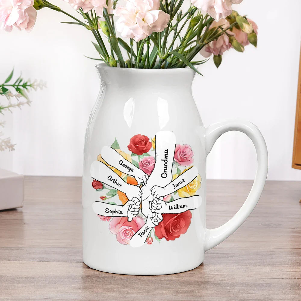 Hand In Hand Birth Flower Grandma Mom - Personalized Ceramic Flower Vase - Image 5