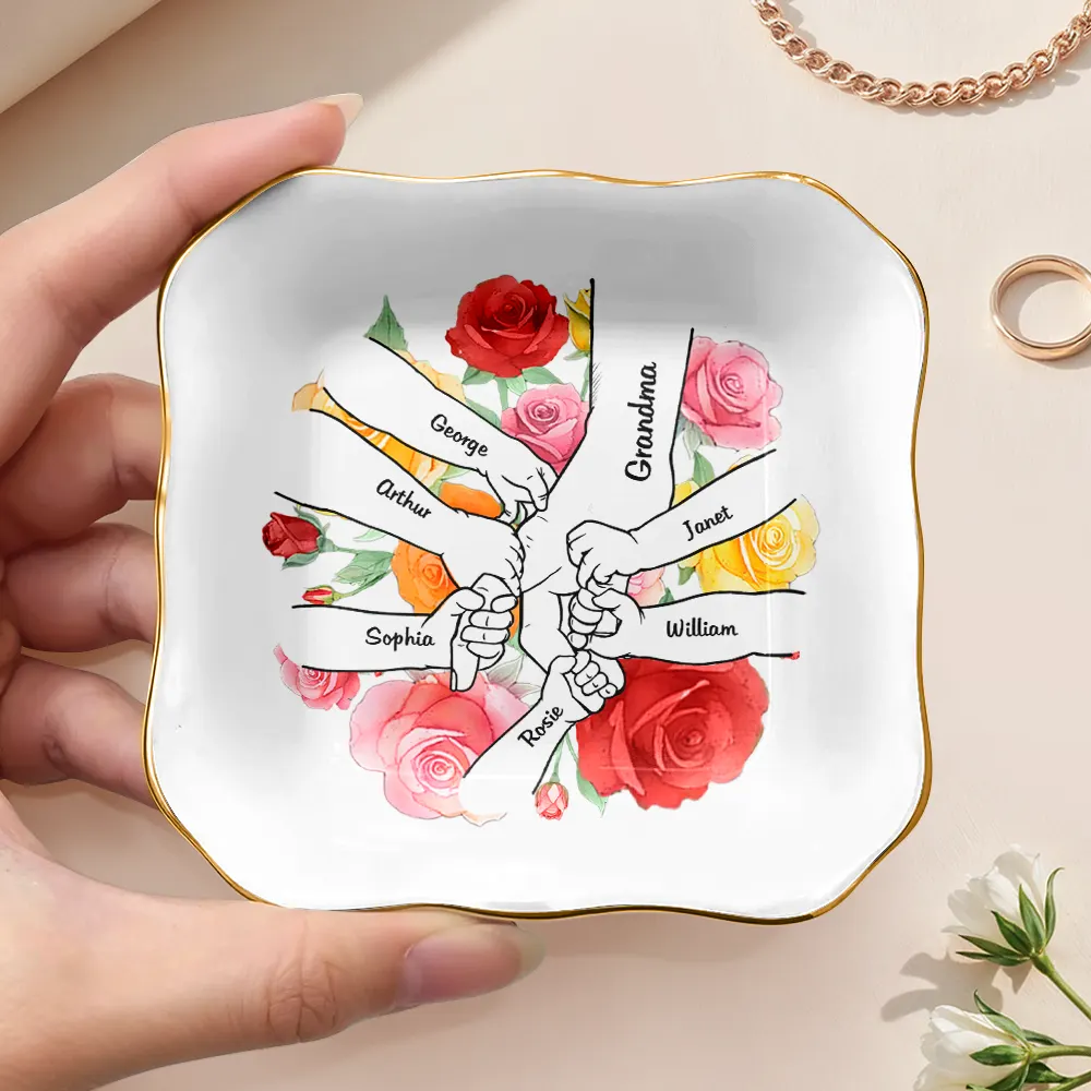 Hand In Hand Birth Flower Grandma Mom - Personalized Ring Dish - Image 3