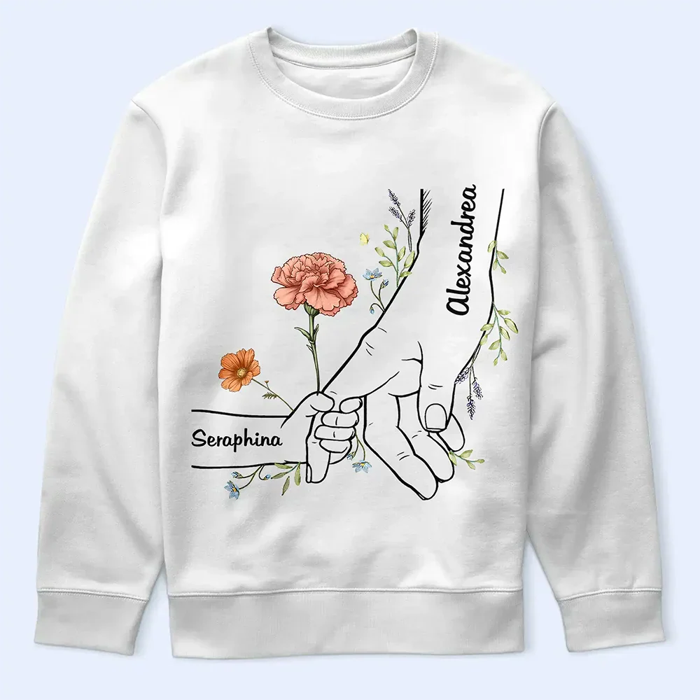 Hand In Hand Birth Flower Mom Kid Nana Grandkid - Personalized T Shirt - Image 5