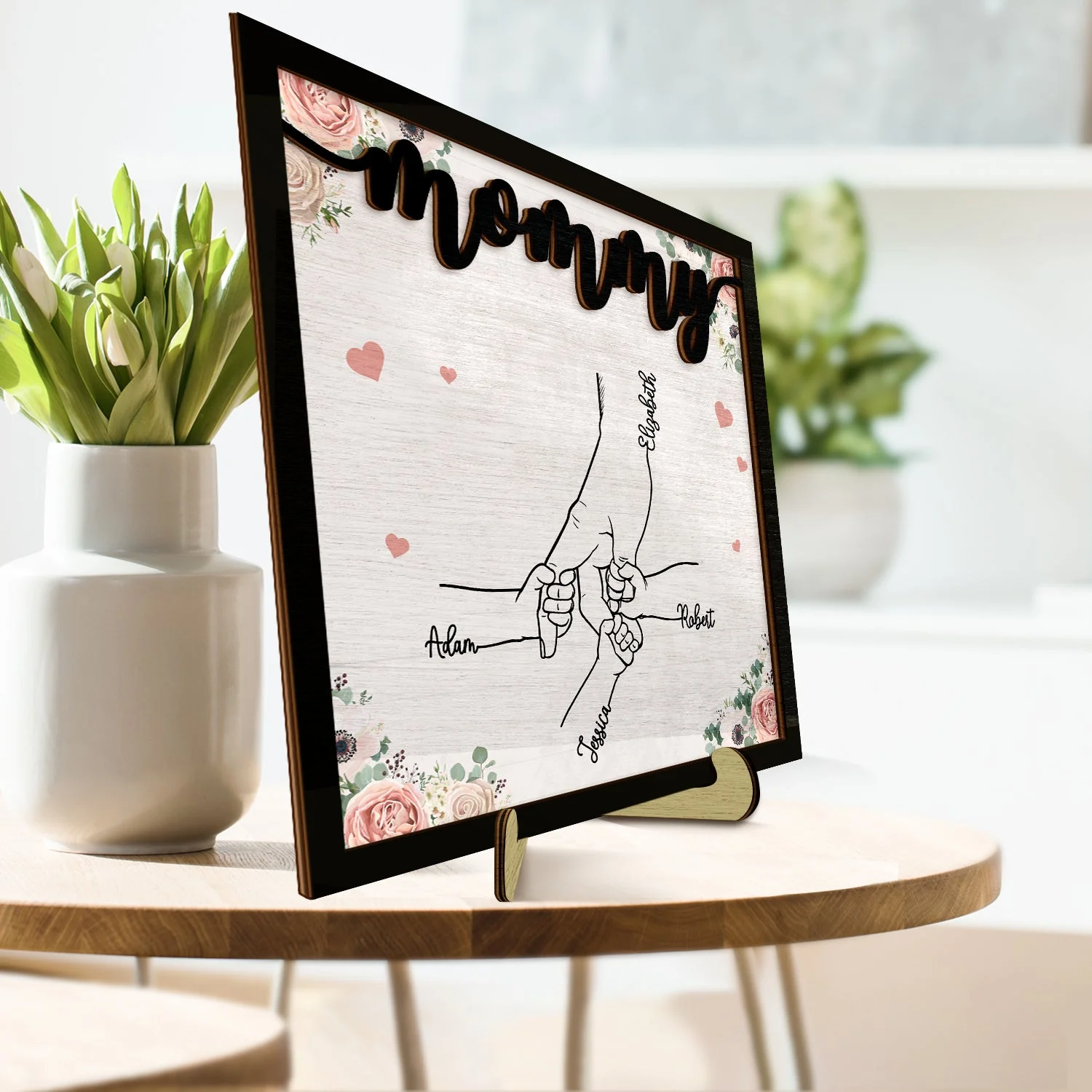 Hand In Hand - Gift For Mom, Mother, Grandma, Parents - Personalized 2-Layered Wooden Plaque With Stand - Image 3