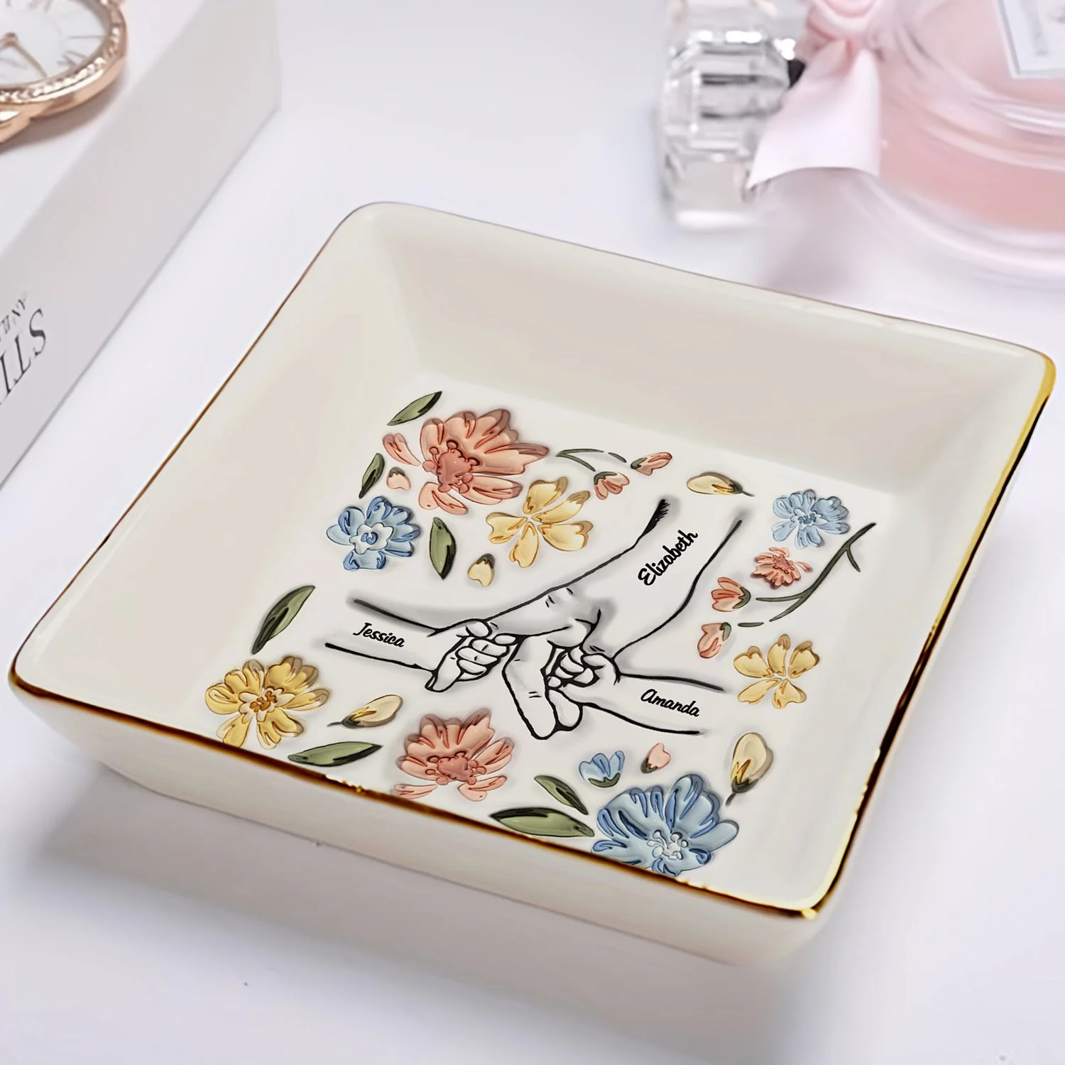 Hand In Hand, I Will Always Protect You - Gift For Mom, Grandma - 3D Inflated Effect Printed Dish, Personalized Ring Dish - Image 2