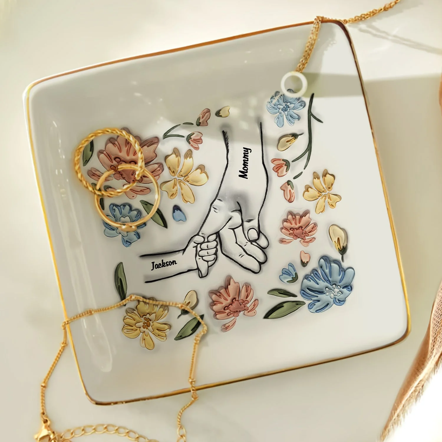 Hand In Hand, I Will Always Protect You - Gift For Mom, Grandma - 3D Inflated Effect Printed Dish, Personalized Ring Dish - Image 4
