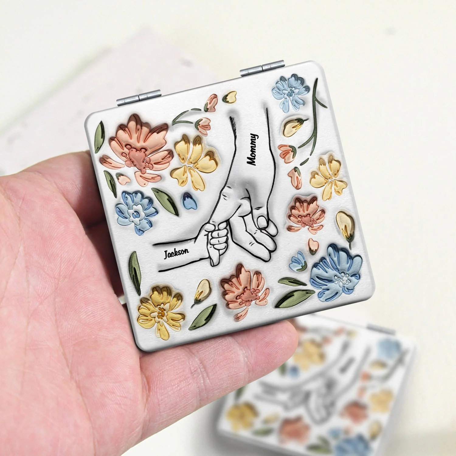 Hand In Hand, I Will Always Protect You - Gift For Mom, Grandma - 3D Inflated Effect Printed Mirror, Personalized Square Compact Mirror - Image 3