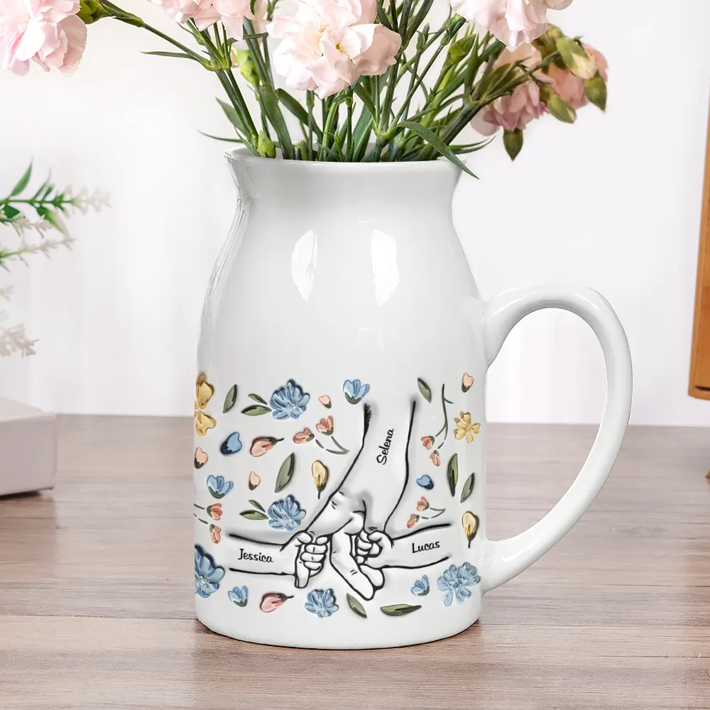 Hand In Hand I Will Always Protect You Mom Nana - 3D Inflated Effect Printed Vase, Personalized Ceramic Flower Vase - Image 5