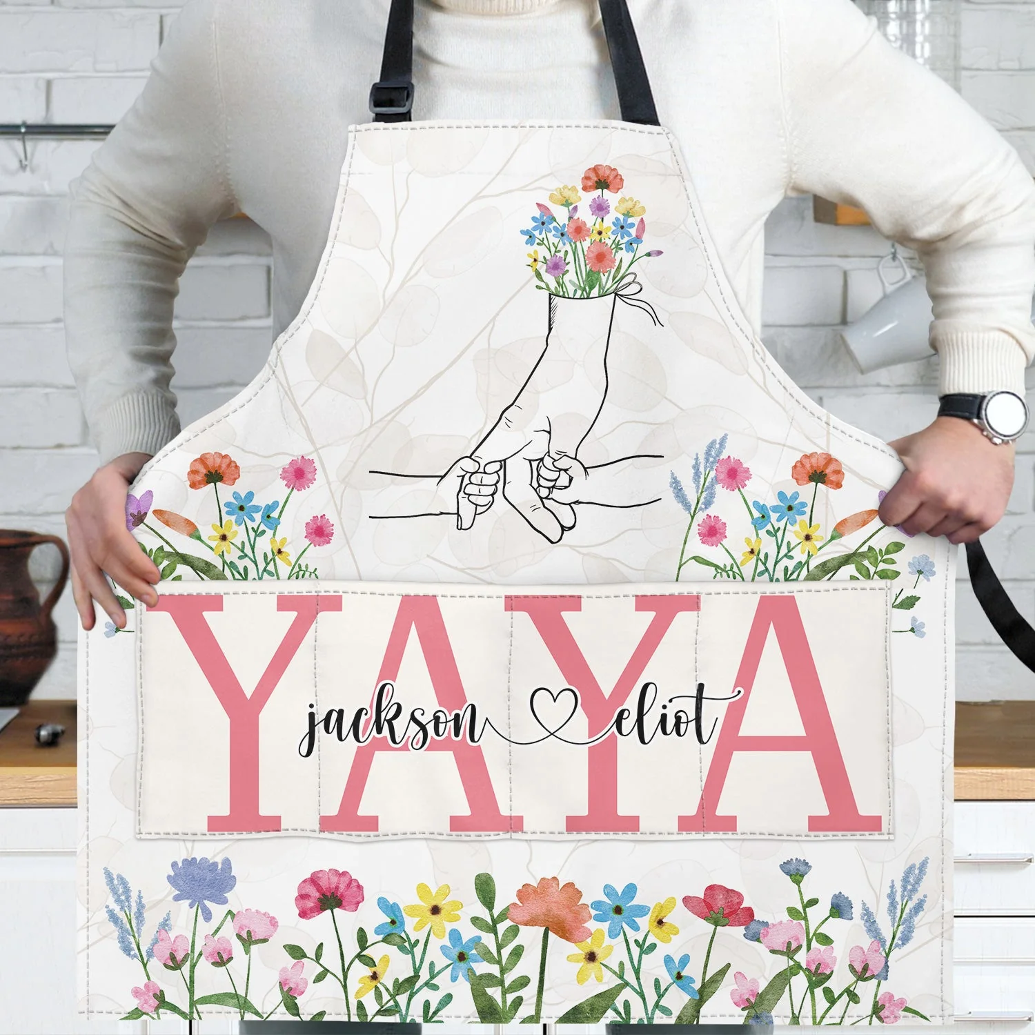 Hand In Hand Wild Flowers - Birthday, Loving Gift For Mom, Nana - Personalized Apron - Image 2