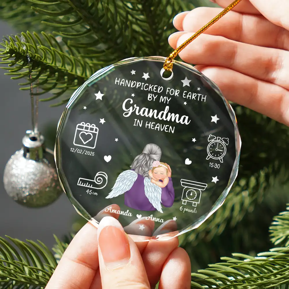 Handpicked For Earth By My Great Grandma Granpa In Heaven - Personalized Circle Glass Ornament - Image 2