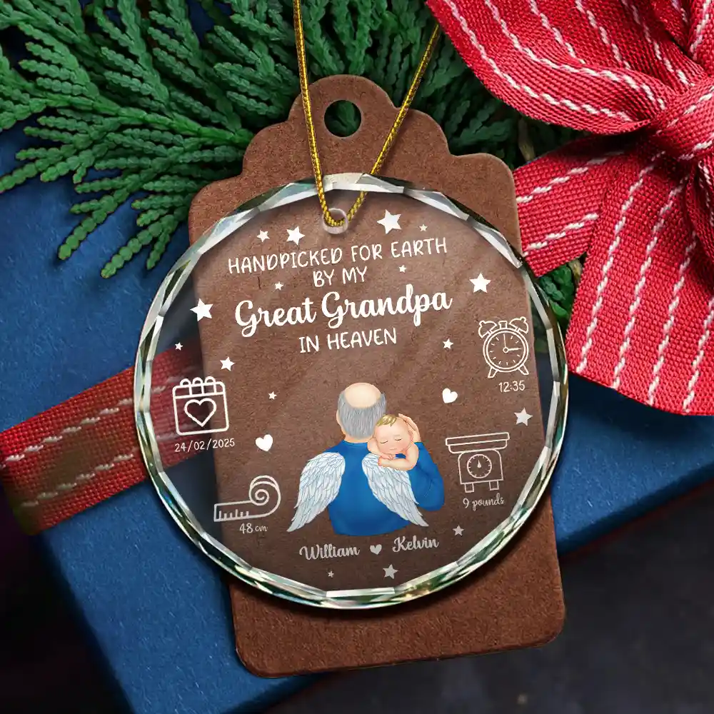Handpicked For Earth By My Great Grandma Granpa In Heaven - Personalized Circle Glass Ornament - Image 5