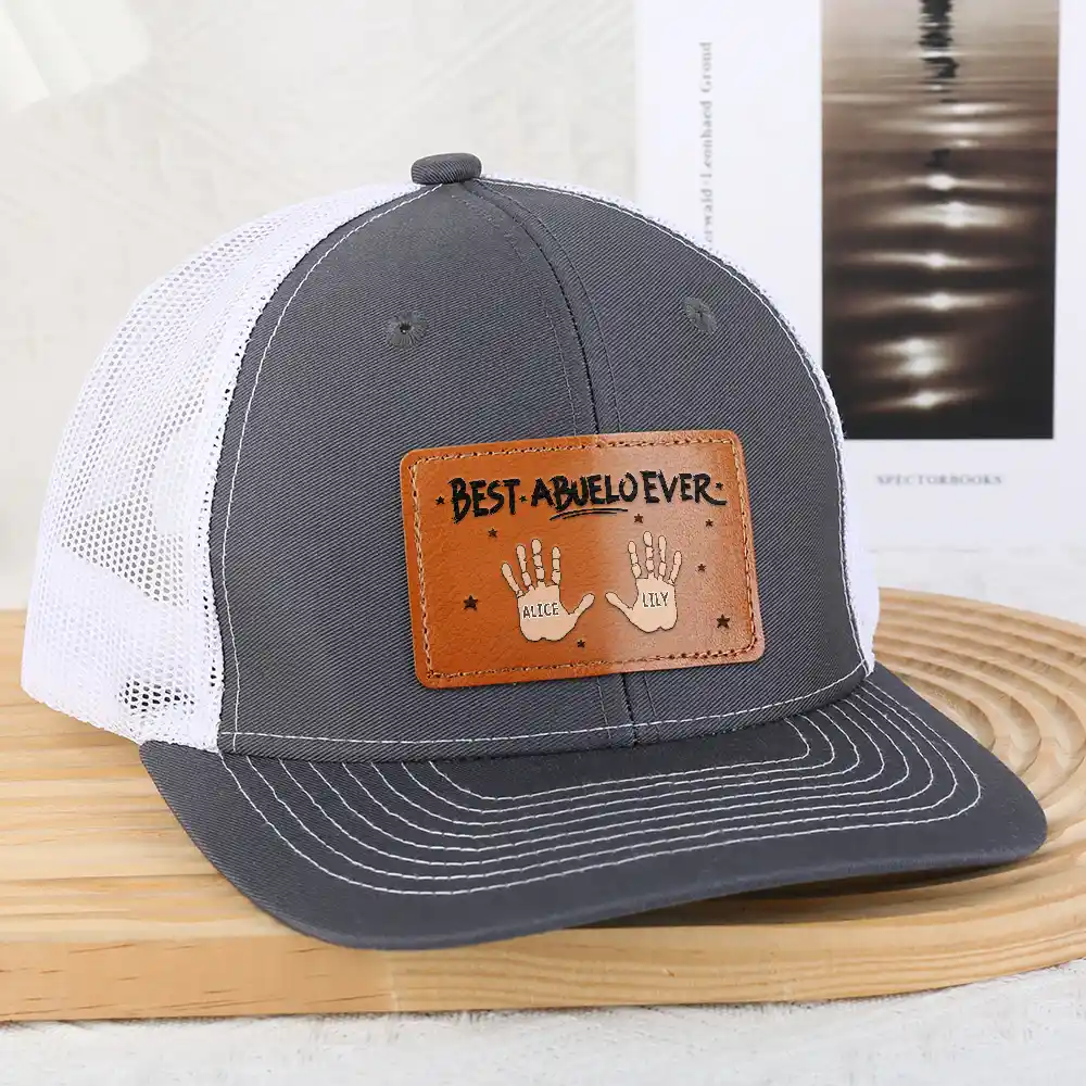 Handprints Best Dad Ever - Personalized Leather Patch Hat - Image 3
