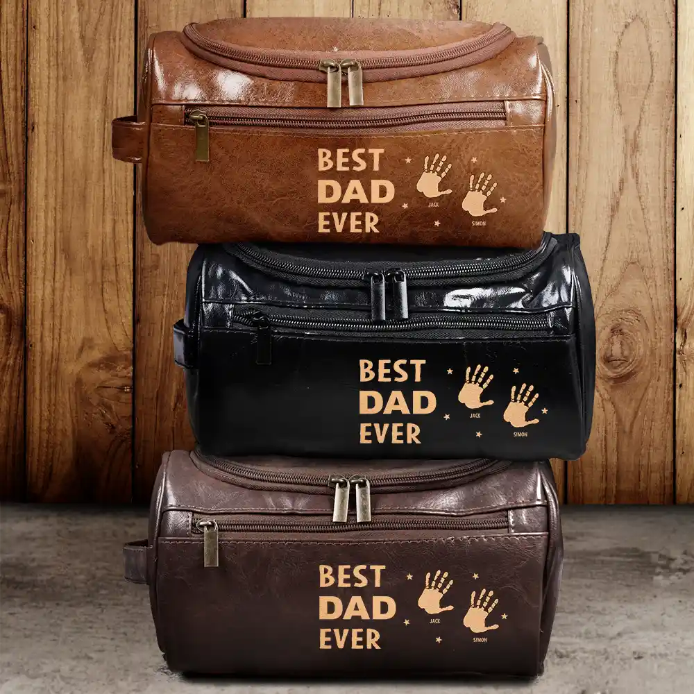 Handprints Best Dad Grandpa Papa Ever - Personalized Leather Toiletry Bag - Image 2