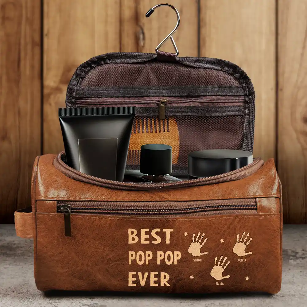Handprints Best Dad Grandpa Papa Ever - Personalized Leather Toiletry Bag - Image 4