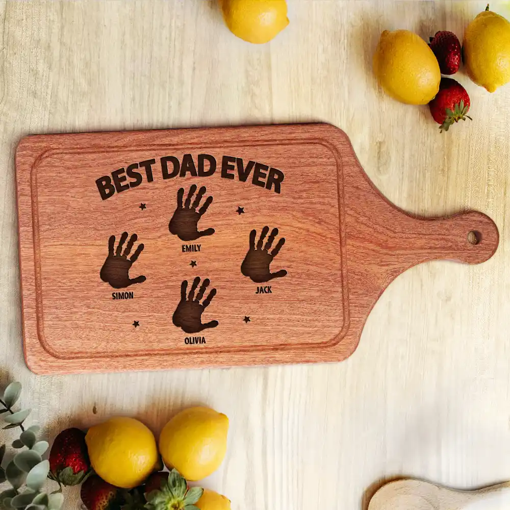 Handprints Best Dad Grandpa Papa Ever - Personalized Wooden Cutting Board - Image 2