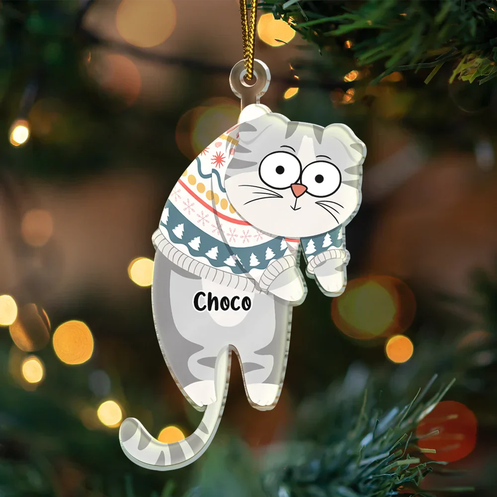 Hanging Cat Have Yourself A Meowy Christmas - Personalized Cutout Acrylic Ornament - Image 3