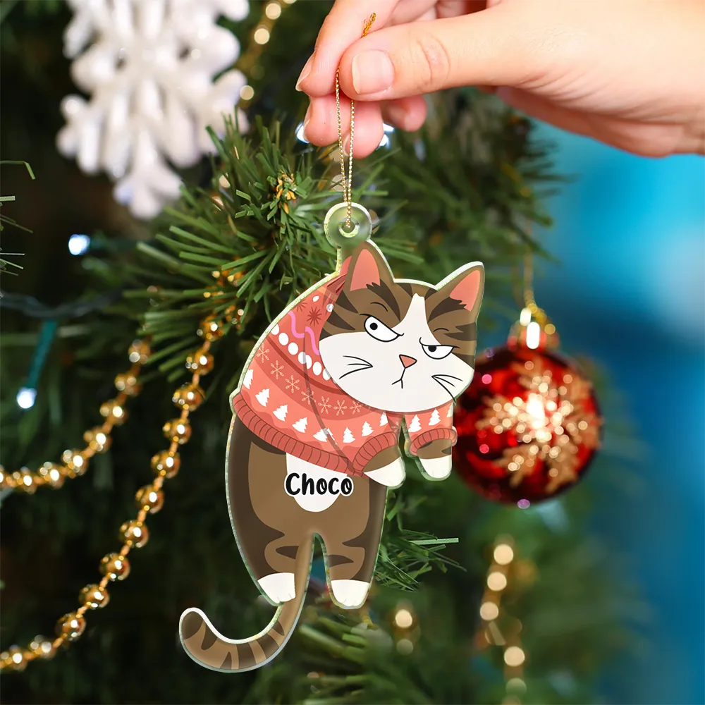Hanging Cat Have Yourself A Meowy Christmas - Personalized Cutout Acrylic Ornament - Image 4