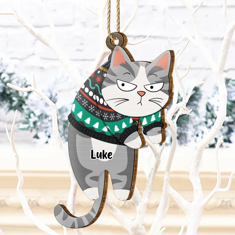 Hanging Cat Have Yourself A Meowy Christmas - Personalized Wooden Cutout Ornament - Image 4