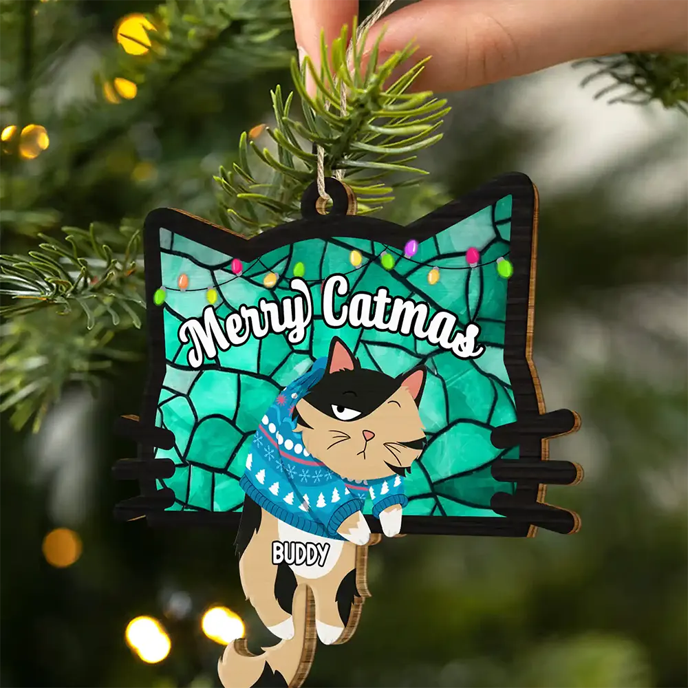 Hanging Cats Meowy Catmas - Personalized Wooden Cutout Ornament - Image 2
