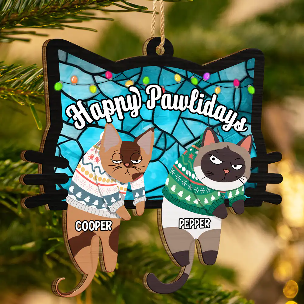 Hanging Cats Meowy Catmas - Personalized Wooden Cutout Ornament - Image 3