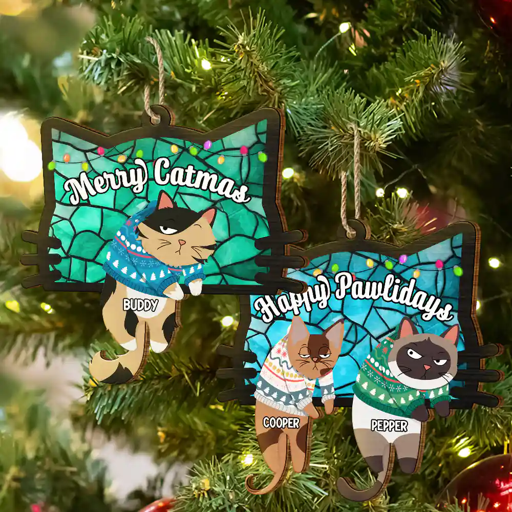 Hanging Cats Meowy Catmas - Personalized Wooden Cutout Ornament - Image 6