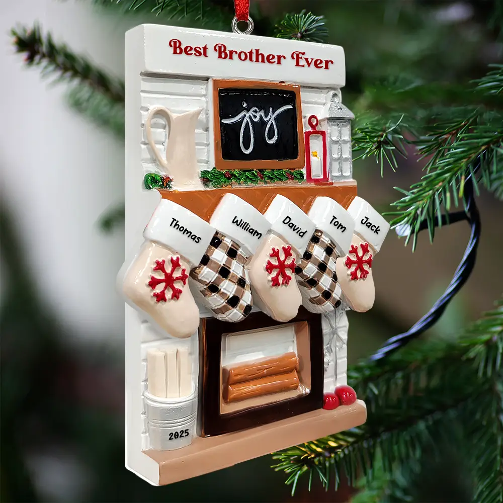 Hanging Socks Cozy Fireplace Family Friend Team - Personalized Embossed Ceramic Ornament - Image 2