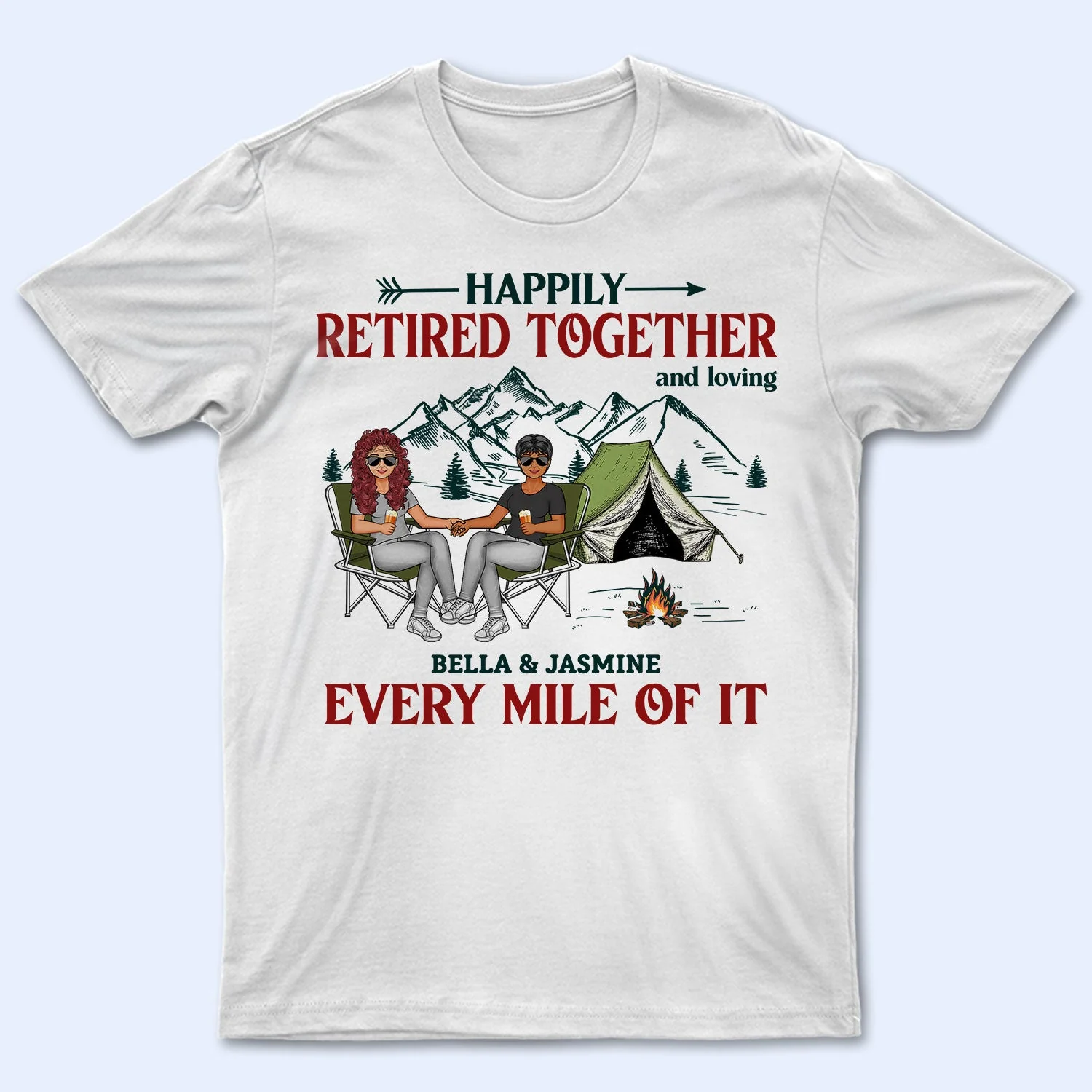 Happily Retired Together Camping Husband Wife - Couple Gift - Personalized Custom T Shirt - Image 4