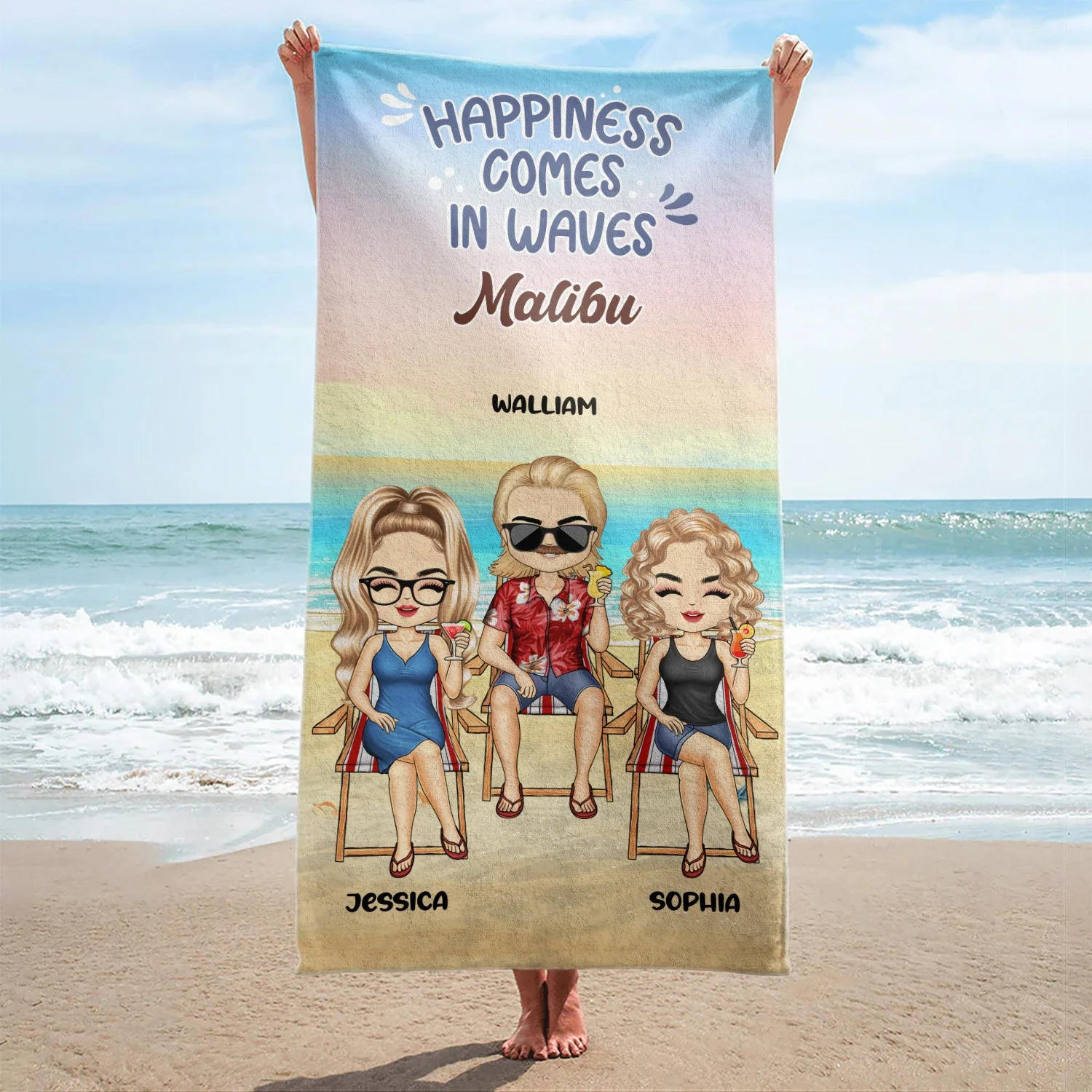 Happiness Comes In Waves - Bestie BFF Gift - Personalized Beach Towel - Image 2