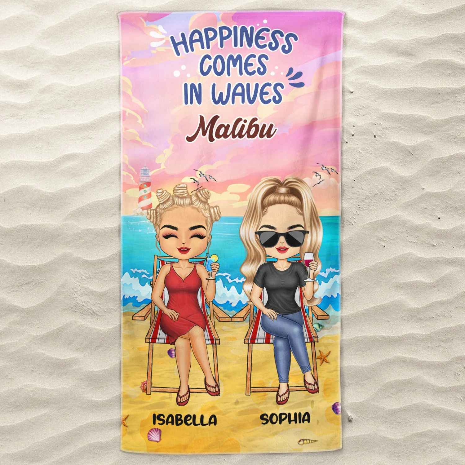 Happiness Comes In Waves - Bestie BFF Gift - Personalized Beach Towel - Image 3