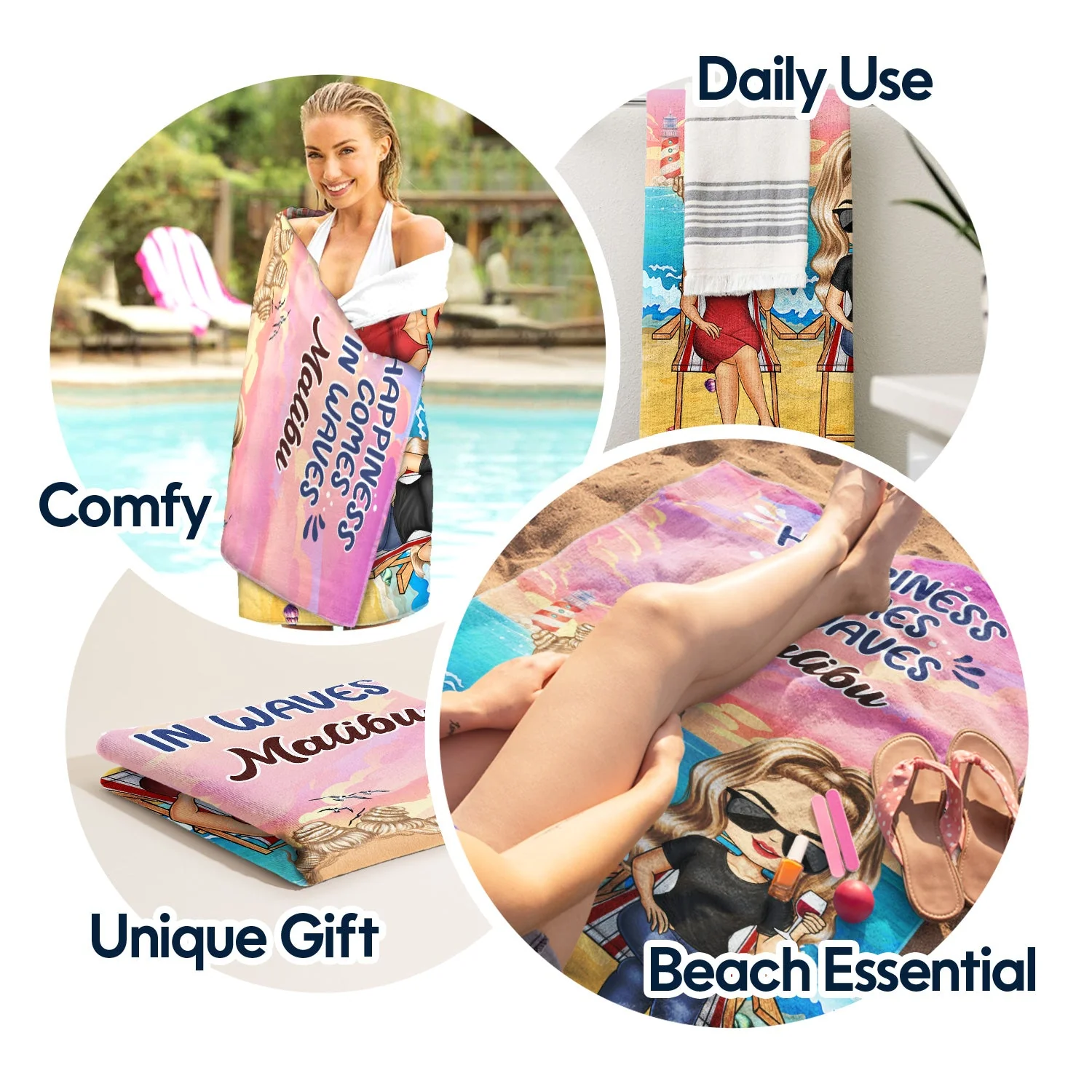 Happiness Comes In Waves - Bestie BFF Gift - Personalized Beach Towel - Image 5