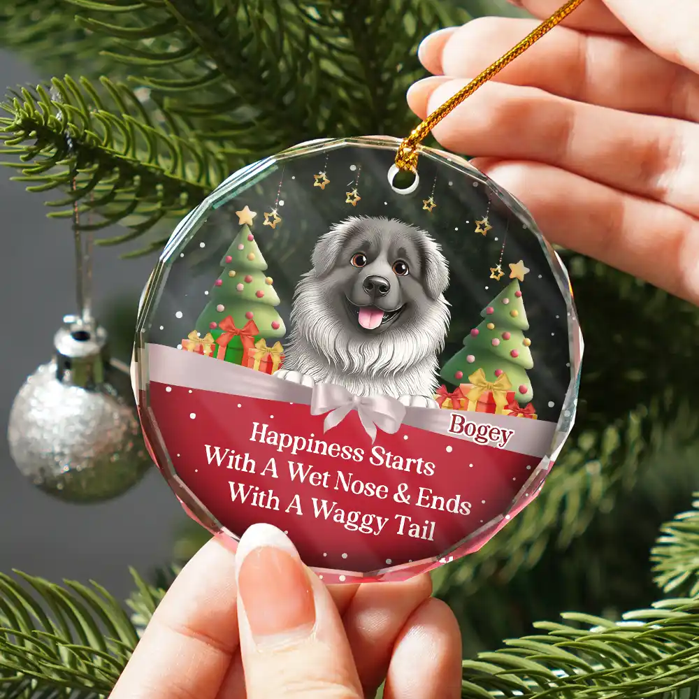 Happiness Starts With A Wet Nose & Ends With A Waggy Tail - Personalized Circle Glass Ornament - Image 2
