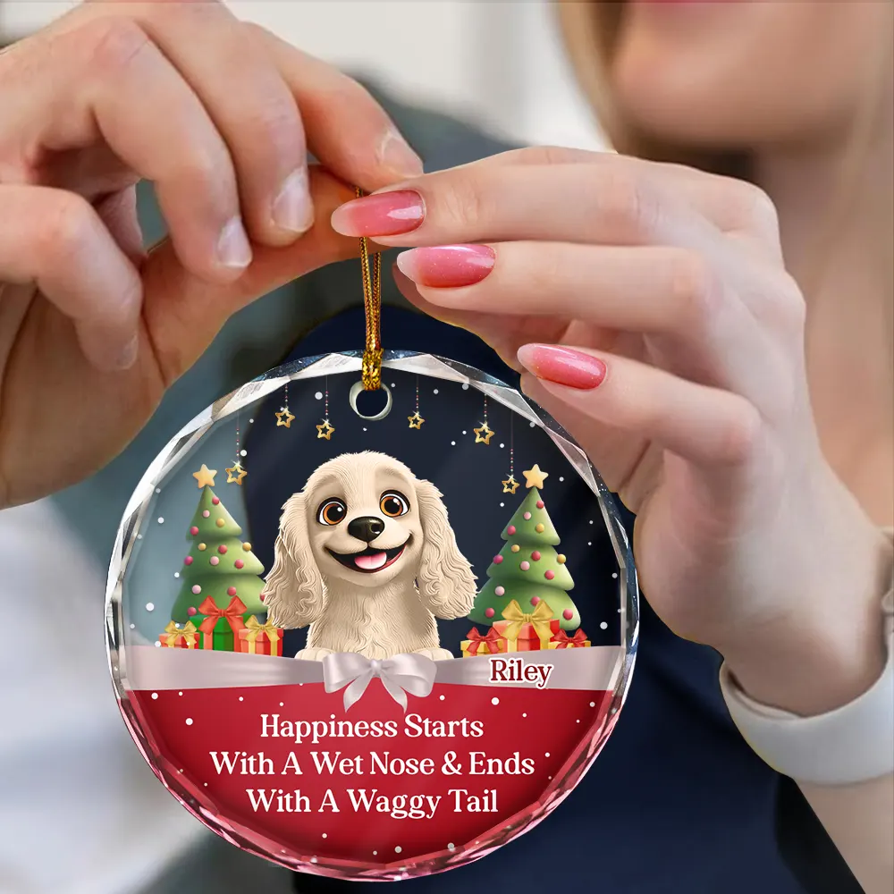 Happiness Starts With A Wet Nose & Ends With A Waggy Tail - Personalized Circle Glass Ornament - Image 4