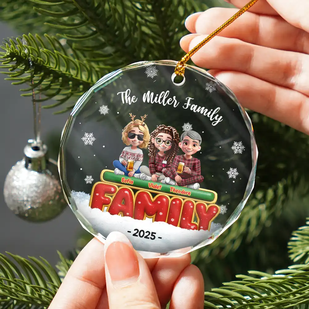 Happy All Family 3D Effect - Personalized Circle Glass Ornament - Image 2