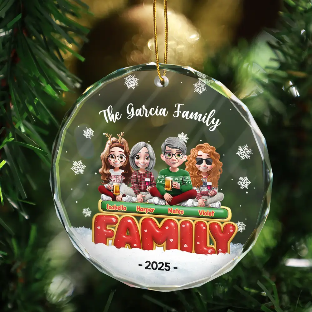 Happy All Family 3D Effect - Personalized Circle Glass Ornament - Image 3