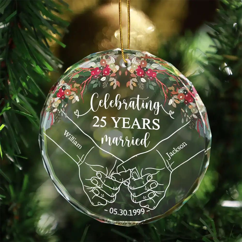 Happy Anniversary Celebrating Married - Personalized Circle Glass Ornament - Image 3