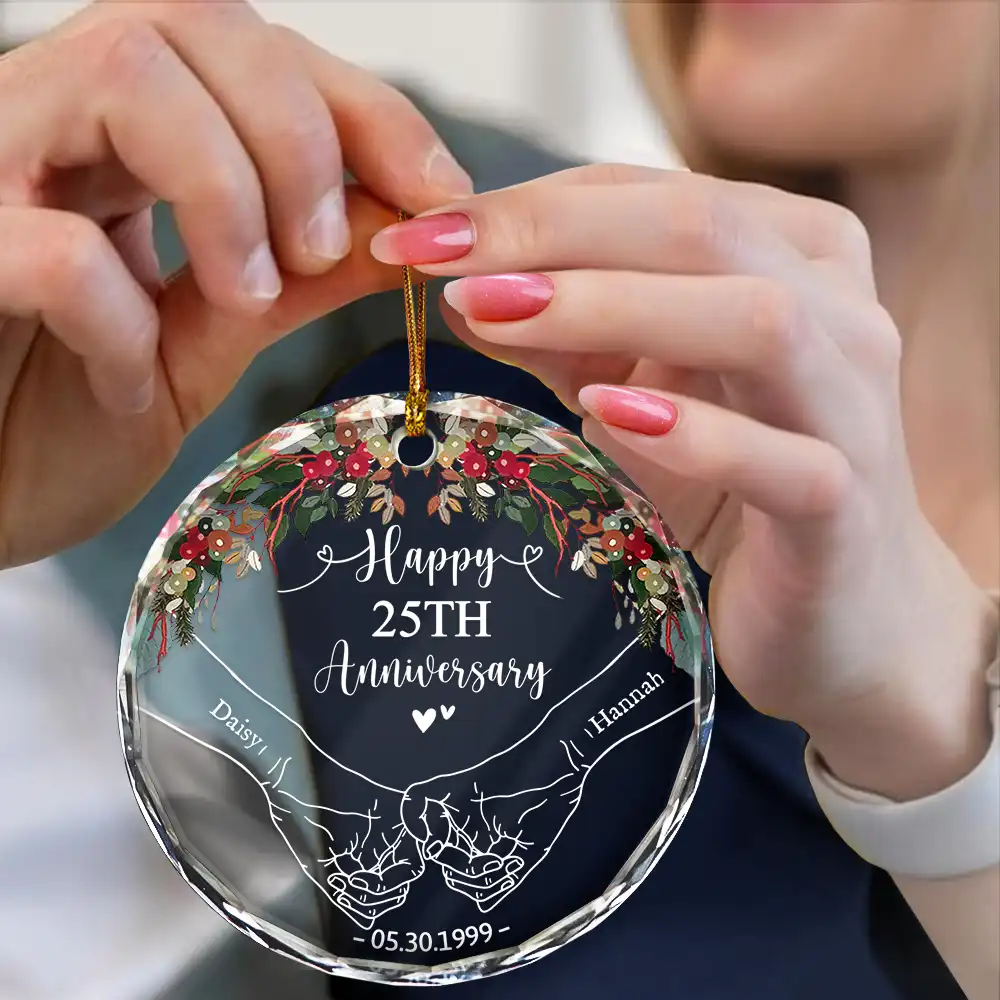 Happy Anniversary Celebrating Married - Personalized Circle Glass Ornament - Image 4